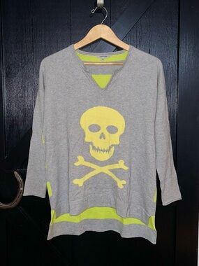 Lisa Todd Cashmere Cotton Blend Neon Skull Striped V-Neck Sweater Sz Small